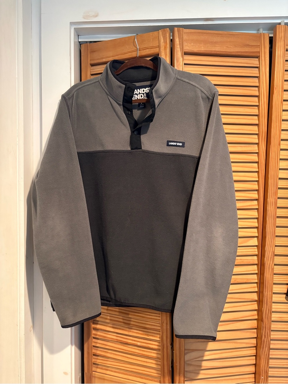 Lands End Mens Heritage Fleece Snap Neck Pullover Jacket Gray Colorblock Large